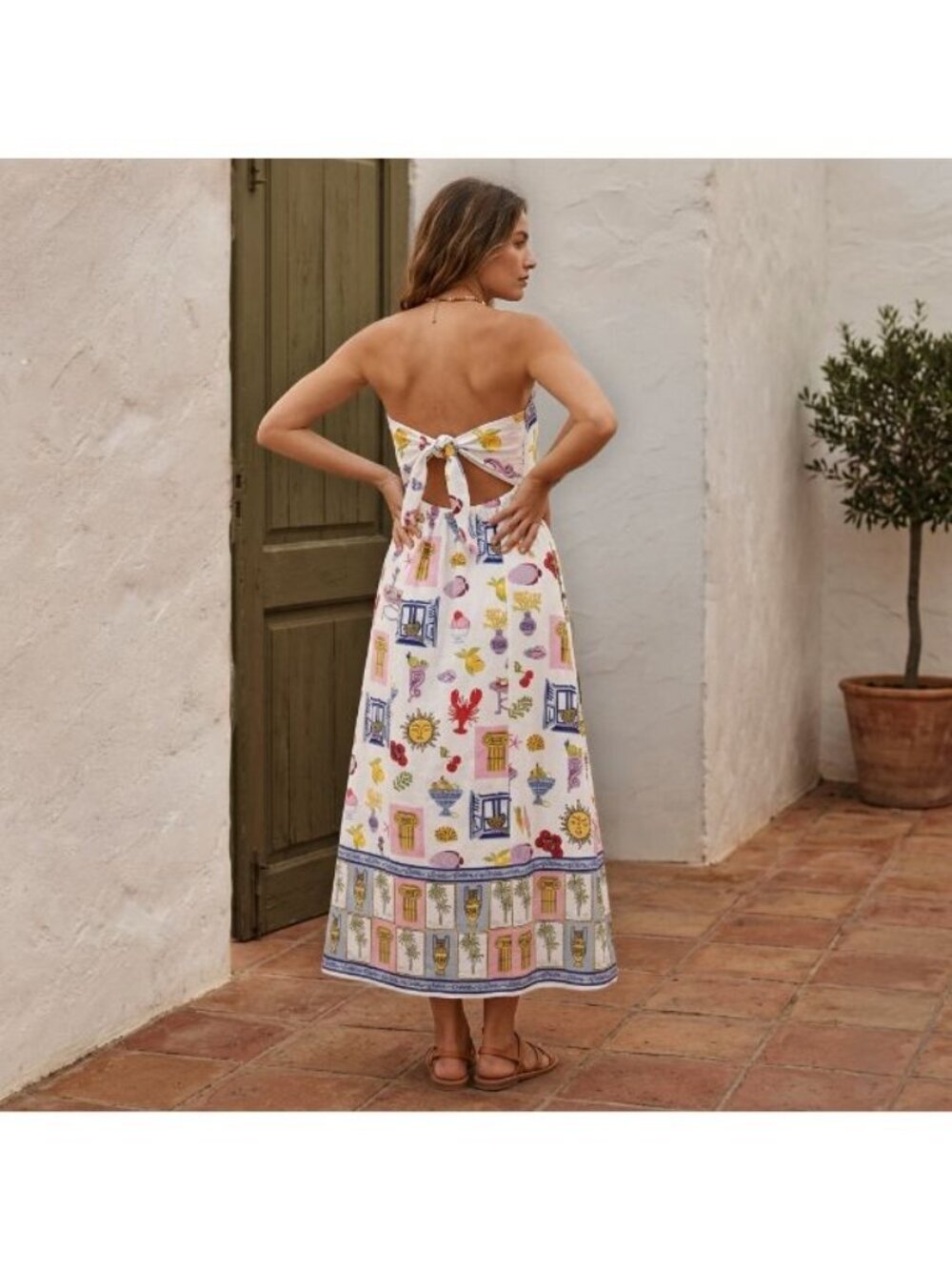 Japna Mediterranean Tile Print Dress Medium Strapless Tie Back Ciao Lobster Sun